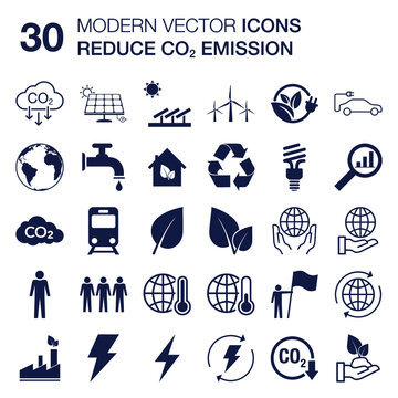 Reduce CO2 emissions icon set with shapes for carbon offset, decarbonize, sustainable development, renewable energy, ecology, environmental protection. Scalable vector for web and print, flat design