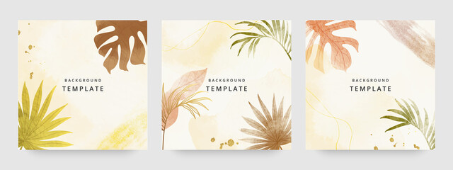 Square web banners background for social media with place for text and photo. Tropical leaves and organic shape watercolor style background for advertising, social media post, wall art, canvas prints.