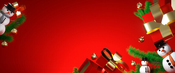 3d render, red  background with Christmas ornaments and gifts. Abstract winter holiday horizontal banner