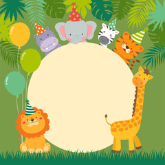 Obraz na płótnie Canvas Cute wildlife animals cartoon with circle border for party invitation card template