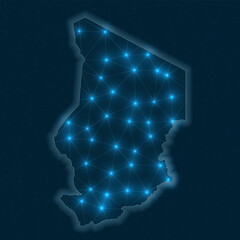 Chad network map. Abstract geometric map of the country. Digital connections and telecommunication design. Glowing internet network. Attractive vector illustration.