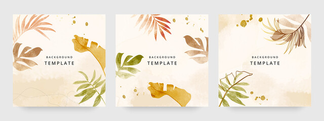 Fototapeta na wymiar Square web banners background for social media with place for text and photo. Tropical leaves and organic shape watercolor style background for advertising, social media post, wall art, canvas prints.