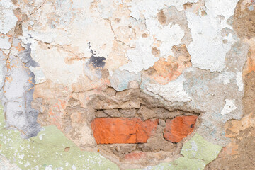 Grunge texture wall background. Old cracked plaster on brickwork, exterior brick wall outdoors