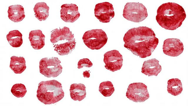 Animation red kisses on a white background. Background with moving lips. Dynamic lip prints. Beauty fashion pattern in 4k with an alpha channel. Loop Stock video of cosmetics and personal care.