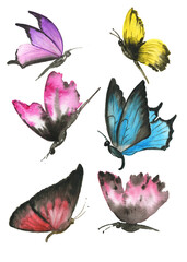 Watercolor set of colored butterflies. Perfect for stickers,stickers,postcards,baby shower,crafts and hobbies.