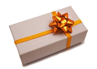   White gift textured box with golden bow isolated on white background. Christmas, New Year, Birthday, shopping sales concept.