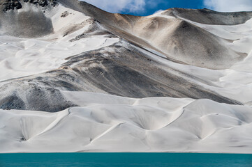 The white sand mountains and lake in Kashgar Prefecture, Xinjiang, China.