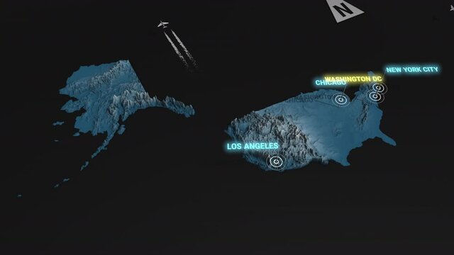 Seamless looping animation of the 3d terrain map at nighttime of USA with the capital and the biggest cites in 4K resolution