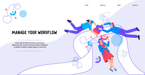 Business workflow management concept of website with Business people interacting with graphs and diagrams. Web banner for  project management and workflow organization, flat vector illustration.