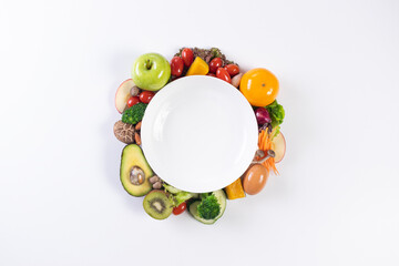 World food day, vegetarian day, Vegan day concept. Top view of fresh vegetables, fruit, with empty...
