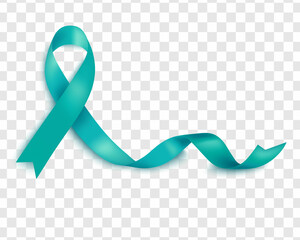 Vector illustration of ovarian cancer awareness tapes isolated on a transparent background. Realistic vector teal silk ribbon with loop.Turquoise ribbon for banners, posters