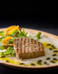 tuna steak with salad and pumpkin seeds and oil
