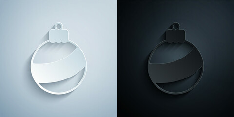 Paper cut Christmas ball icon isolated on grey and black background. Merry Christmas and Happy New Year. Paper art style. Vector