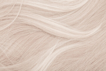 Background hair closeup. Female long blond hair close-up as a background. Beautifully laid wavy shiny curls. Hair coloring. Hairdressing procedures. Copy space with space for text.