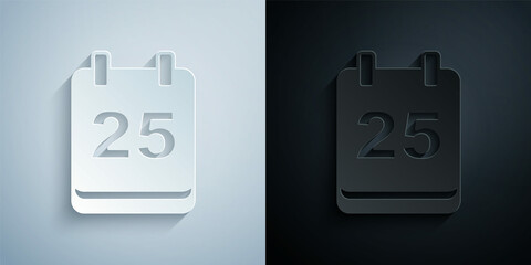 Paper cut Christmas day calendar icon isolated on grey and black background. Event reminder symbol. Merry Christmas and Happy New Year. Paper art style. Vector