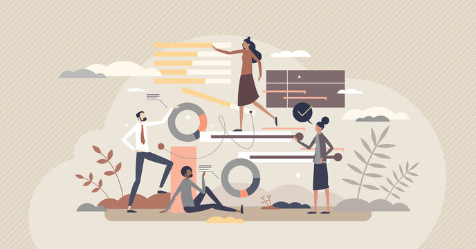 Project management software for effective business work tiny person concept. Productive application for teamwork task organization and reports graphics vector illustration. Modern strategy planning.