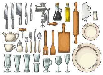 Fototapeta premium Set Kitchen utensils. Vector vintage engraving isolated on white