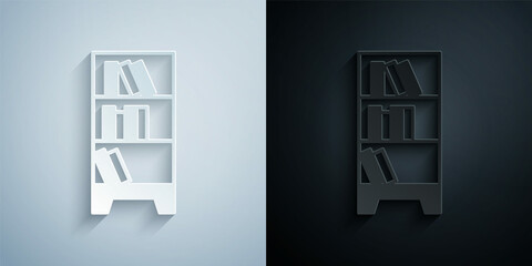 Paper cut Library bookshelf icon isolated on grey and black background. Paper art style. Vector