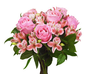 Bouquet of pink roses and alstroemeria flowers isolated on white.