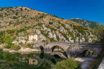 Fototapeta na wymiar Lake San Domenico with Eremo di San Domenico near Scanno, Province of L'Aquila, region of Abruzzo, Italy
