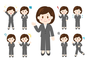 女性ビジネスパーソンのポーズと表情のイラスト: 全身セット