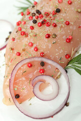 Raw chicken fillet with ingredients on white background