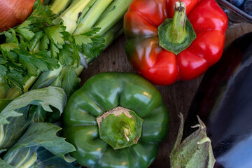 bio vegetable and fruits, fresh mixed in wooden basket harvested in the morning. Bio box from regional local farmers market concept