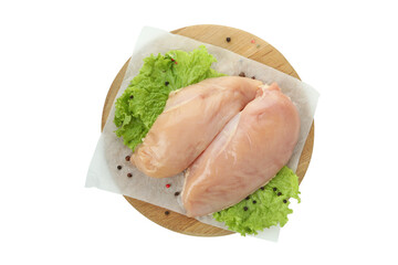 Board with raw chicken fillet isolated on white background