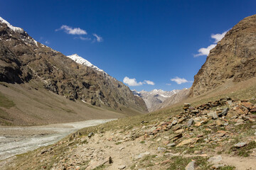 Fototapeta premium The wild, beautiful mountains of the Zanskar range on a wilderness trek between Darcha and Padum in a remote valley in North India.