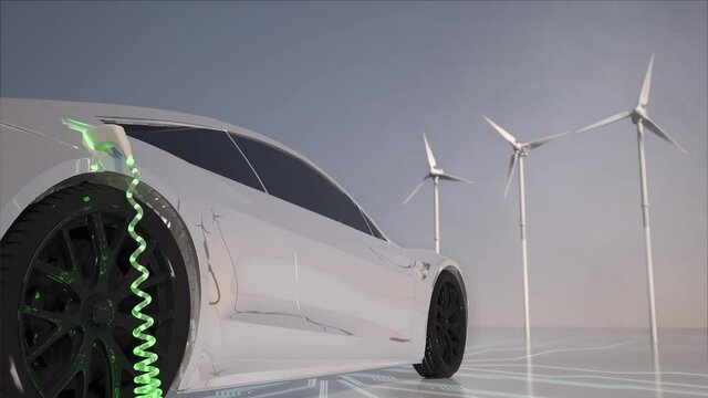 Generic electric car charging with solar panels and wind turbines in background. Green energy concept. Generic car and logo design, logo in shape of plug, no intellectual property infringement