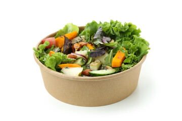 Cardboard bowl with pumpkin salad isolated on white background