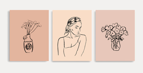 Obraz premium Vector illustration. Linear drawing of a beautiful woman in a headdress. Handicraft compositions of natural forms. Female silhouettes for wall art. Modern bohemian illustrations.