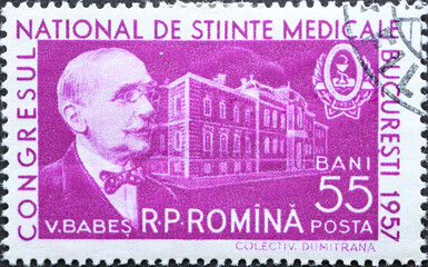 Romania - Circa 1957 : a postage stamp printed in the Romania showing the pathologist and...