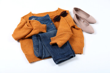 Autumn style female clothes on white background