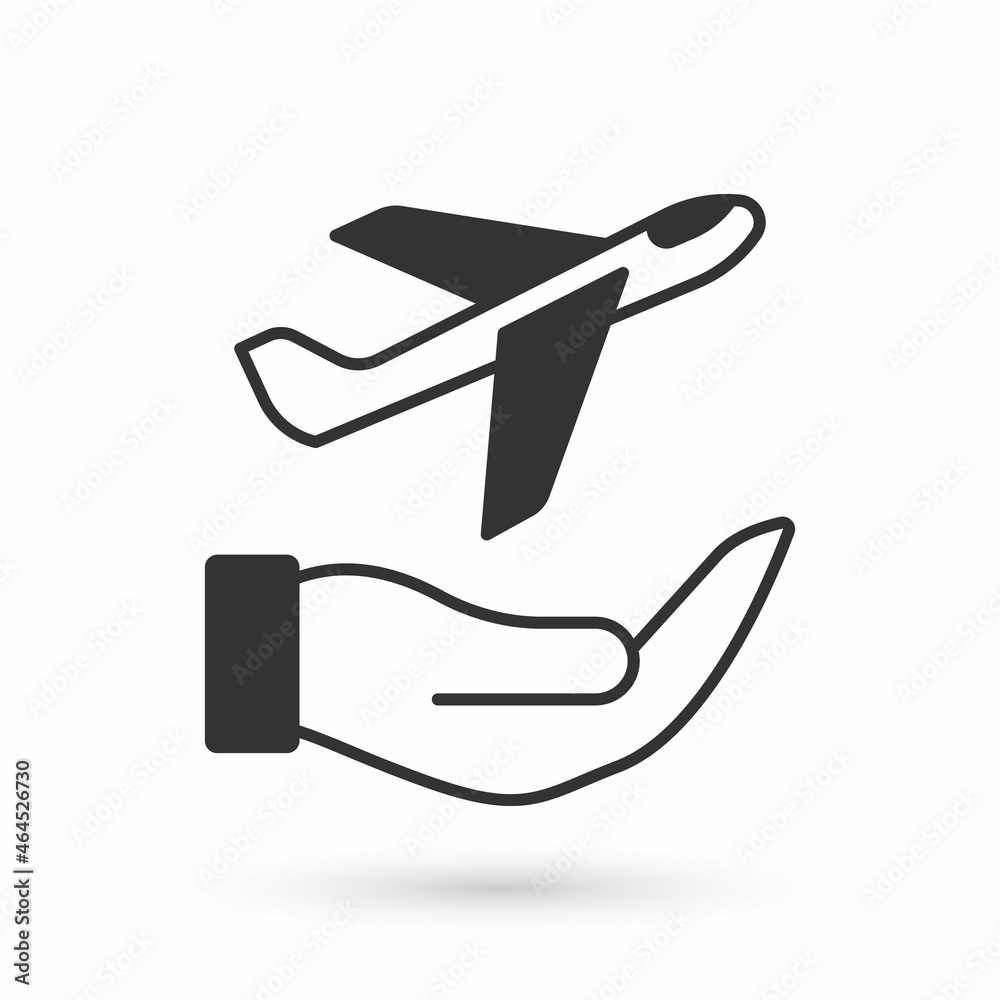 Poster grey plane in hand icon isolated on white background. flying airplane. airliner insurance. security,