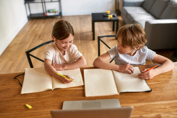 Naklejka premium Happy children study online on computer at home