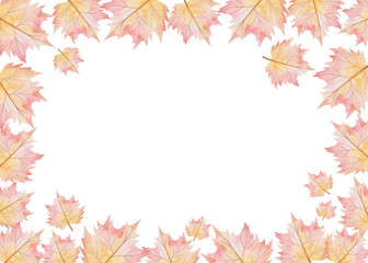 Frame from watercolor illustration hand painted maple tree leaves in autumn red, yellow colors with empty space. Blank card template for fall wedding invitation, greetings, bitrthday party design card