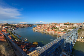 Porto, Portugal panoramic cityscape on the Douro River at sunset. Urban landscape at sunset with traditional boats of Oporto city. Downtown and historic center, travel destination. Oporto landmark.