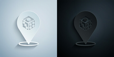 Paper cut Game dice icon isolated on grey and black background. Casino gambling. Paper art style. Vector