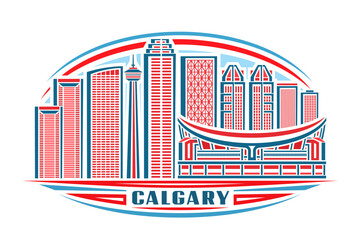 Vector illustration of Calgary, horizontal poster with linear design famous calgary city scape on day sky background, urban line art concept with decorative lettering for blue word calgary on white.