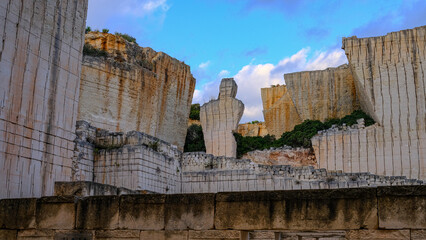 Líthica, Pedreres de s'Hostal, Menorca, Balearic Islands, Spain. Sandstone quarry. wall and sky