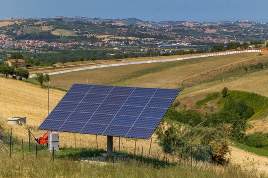Solar panels array on a hill power an alpine house in the province of Ascoli Piceno in the Marche, Italy.