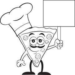 Black and white illustration of a slice of pizza wearing a chef's hat while holding a sign.