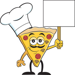 Cartoon illustration of a slice of pizza wearing a chef's hat while holding a sign.