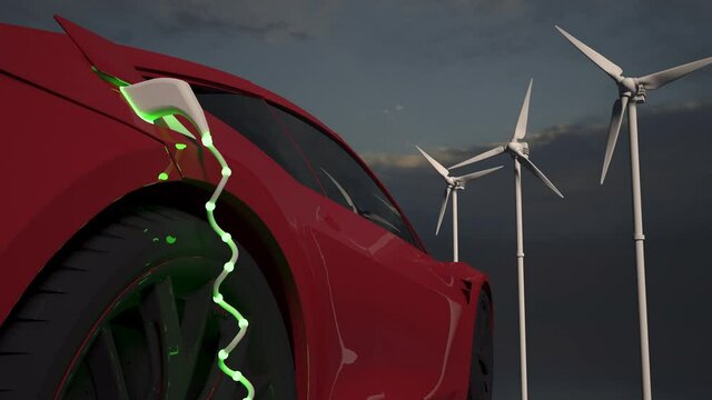 Generic electric red car charging with solar panels and wind turbines in background. Green energy concept. Generic car and logo design, logo in shape of plug, no intellectual property infringement