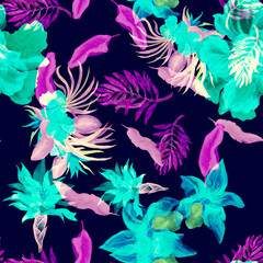 Violet Watercolor Garden. Blue Flower Set. Green Seamless Backdrop. Purple Pattern Design. Colorful Tropical Background. Isolated Decor. Fashion Decor.