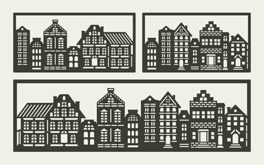 Set of paintings with cute houses. European street with brown building facades in rectangular frame on gray background. Simple style, monochrome design. Vector template for plotter laser cutting, cnc.