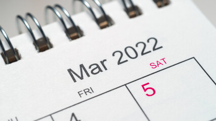 March 2022 year on desk calendar close up