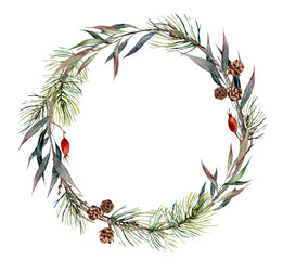 Winter watercolor wreath. Christmas decor with fir branches, cones, rose hips and eucalyptus berries.