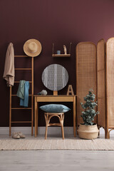 Stylish furniture, beautiful eucalyptus and decorative elements in room. Interior design